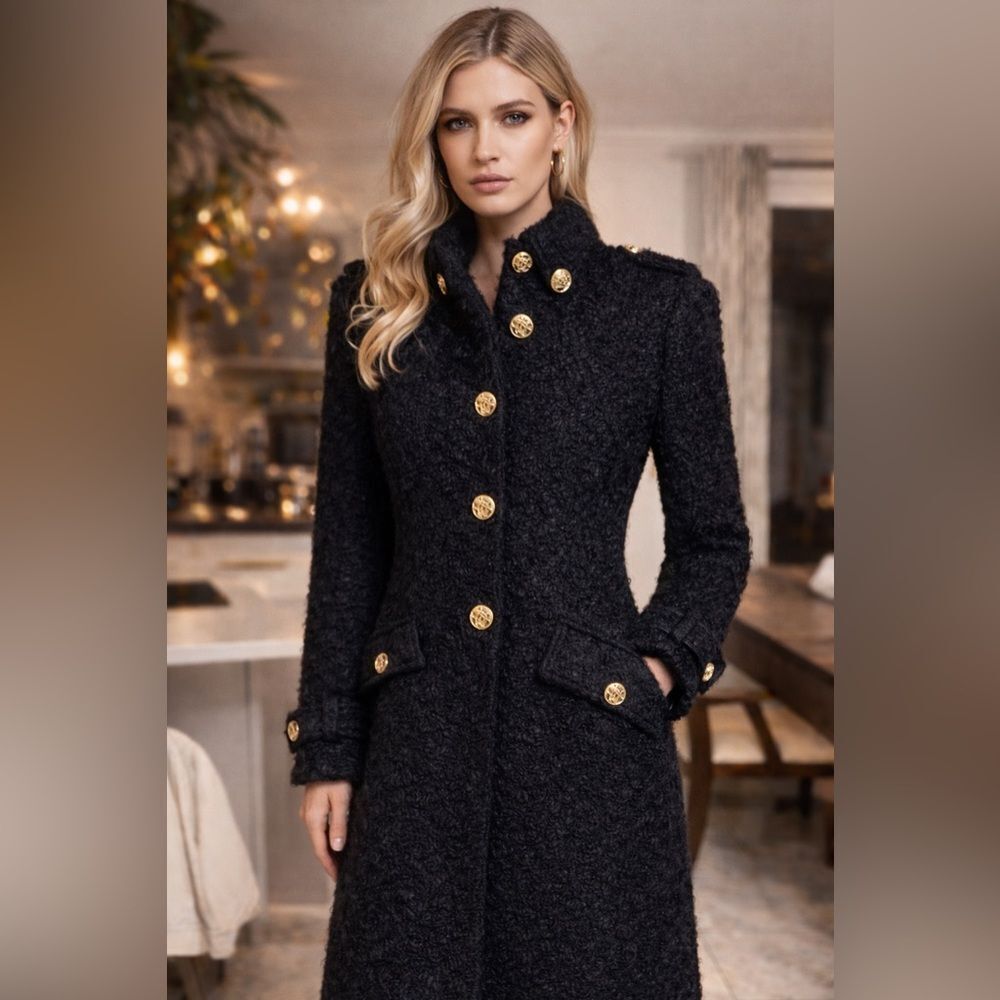 Versace Black Bouclé Wool Military Coat Gold Medusa Buttons. Size Small